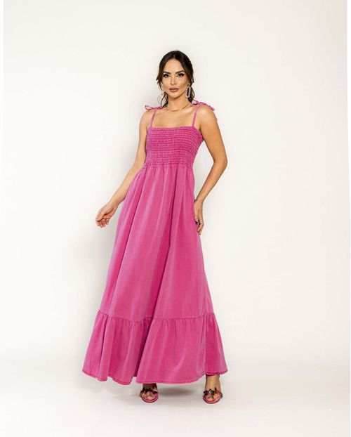Vestido Feminino Longo com Lastex e Alça de Amarrar  22089 Rosa