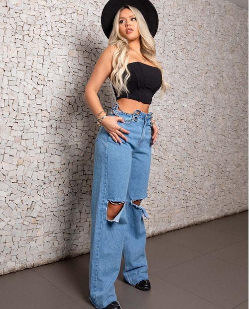 Calça Jeans Feminina  Wide Leg com Abertura e Corrente No Cós  20935 Unica
