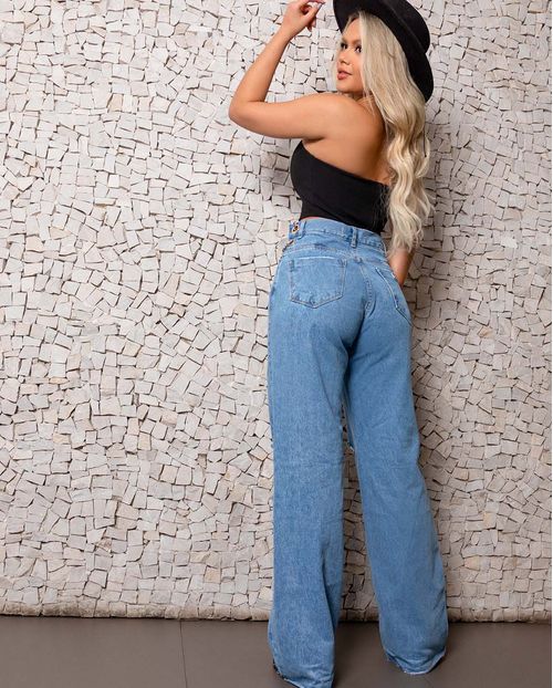 Calça Jeans Feminina  Wide Leg com Abertura e Corrente No Cós  20935 Unica