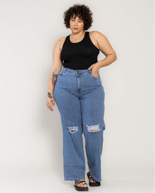 Calça Jeans Feminina Wide Leg Plus Rasgo No Joelho 29027 Média