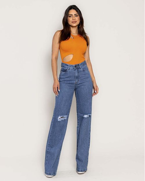 Calça Jeans Wide Leg Feminina Cintura Alta Elastano Rasgo No Joelho 28001 Média