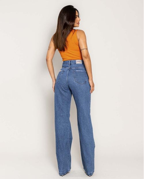 Calça Jeans Wide Leg Feminina Cintura Alta Elastano Rasgo No Joelho 28001 Média