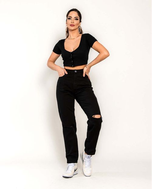 Calça Feminina Mom Preta com Rasgo No Joelho 00110 Preto