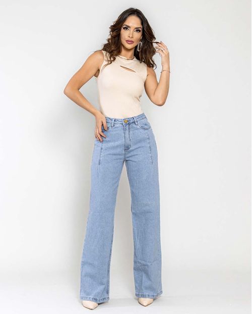 Calça Jeans Feminina Wide Leg com Nervura Frontal  22270 Clara