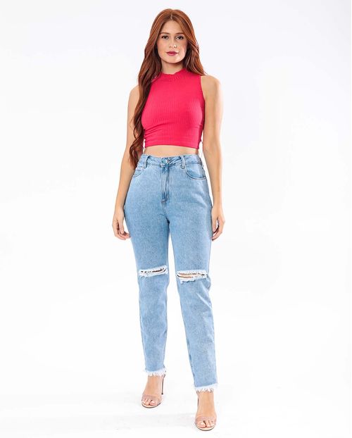 Calça Jeans Feminino Mom Clara Rasgada com Barra Desfiada   21612 Clara Rasgada