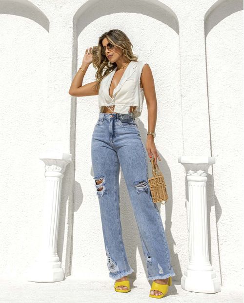 Calça Jeans Feminina Wide Leg Cowboy com Barra Desfiada  22380 Clara
