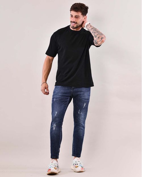 Calça Jeans Masculina Skinny com Estampa e Detalhe Nos Bolsos Traseiros 21884 Escura