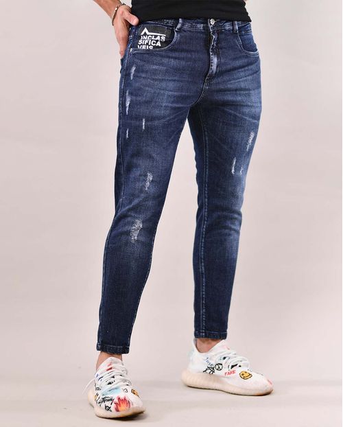 Calça Jeans Masculina Skinny com Estampa e Detalhe Nos Bolsos Traseiros 21884 Escura
