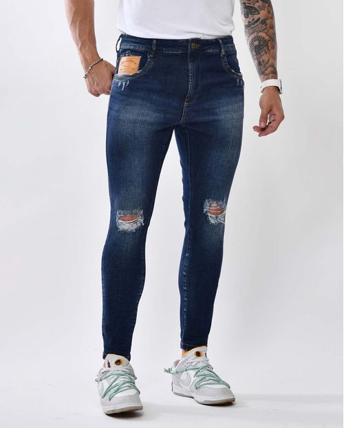Calça Jeans Masculina Super Skinny com Rasgo No Joelho 22083 Escura