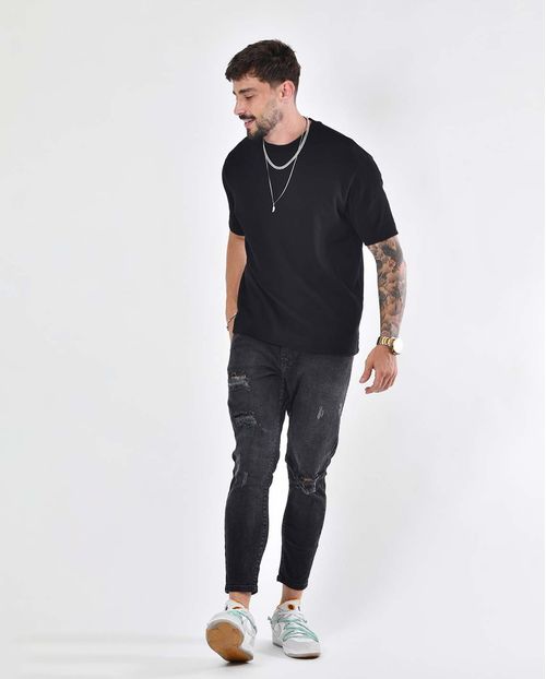 Calça Jeans Masculina Skinny Preta Rasgada 22165 Preto