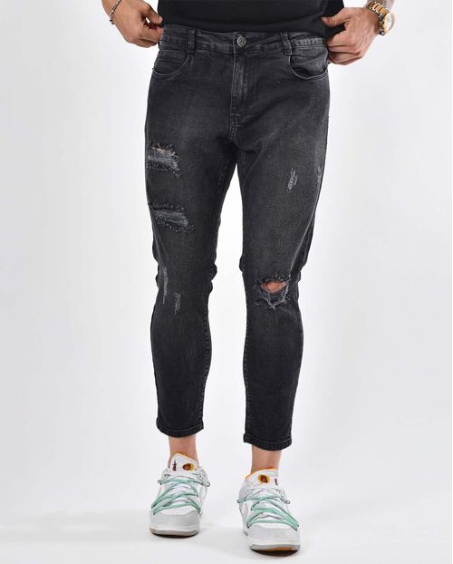 Calça Jeans Masculina Skinny Preta Rasgada 22165 Preto
