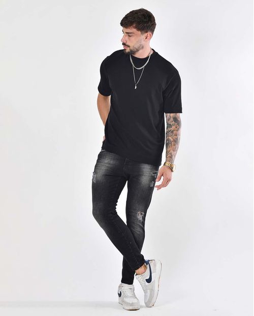 Calça Jeans Masculina Super Skinny com Rasgo Na Perna  22168 Preto