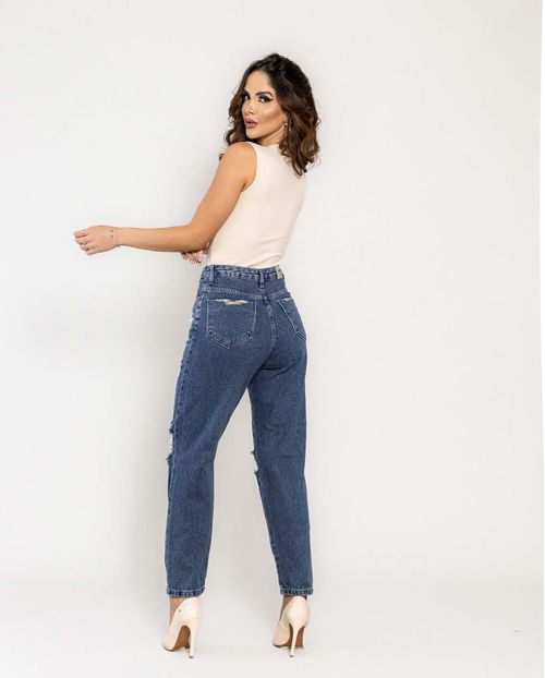 Calça Jeans Feminina Mom com Rasgos Nas Perna  22662 Escura