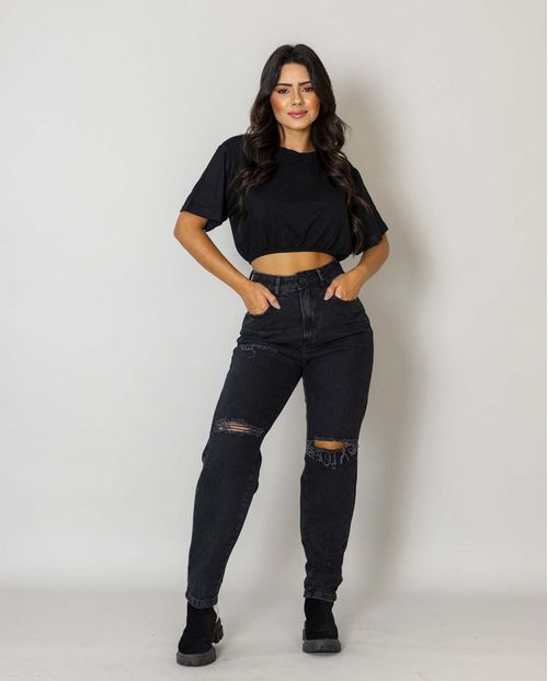 Calça Jeans Feminina Mom Rasgada com Barra Desfiada  00212 Preta Rasgada