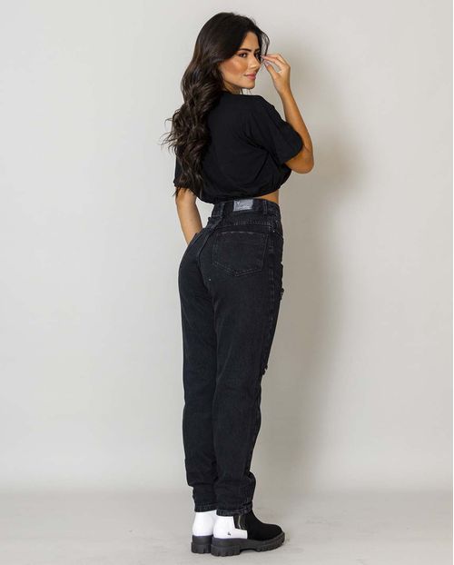 Calça Jeans Feminina Mom Rasgada com Barra Desfiada  00212 Preta Rasgada