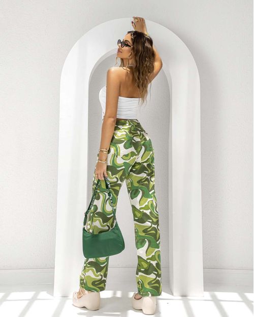 Calça Jeans Feminina Wide Leg 22414 Estampado Verde