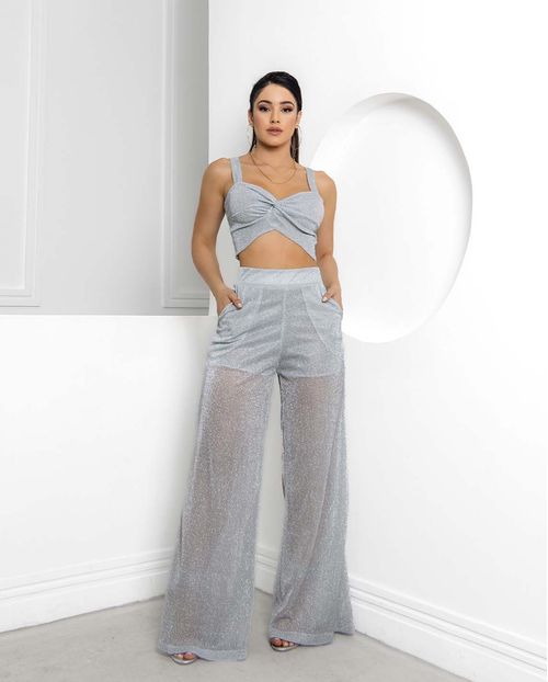 Conjunto Lurex Calça com Top de Alcinha 90221 Prata