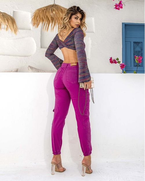 Calça Sarja Jogger Feminina Lycra Rope com Bolsos Cargo Na Lateral da Perna  22387 Magenta