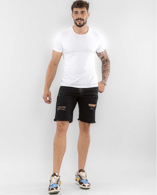 Bermuda Jeans Masculina com Elastano e Barra Desfiada  22435 Preto