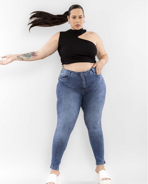 Calça Jeans Feminina Plus Size Skinny Botão Duplo 22248 Média