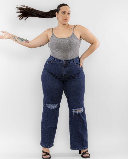 Calça Jeans Feminina Wide Leg Plus Rasgo No Joelho 29027 Escura