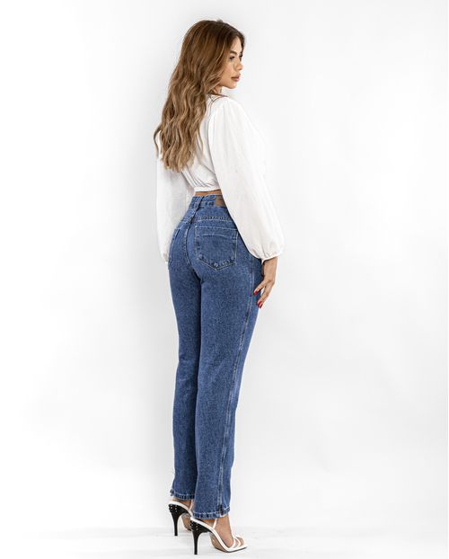 Calça Jeans Wide Loose Feminina Cintura Alta Abertura Lateral Barra 02920 Escura