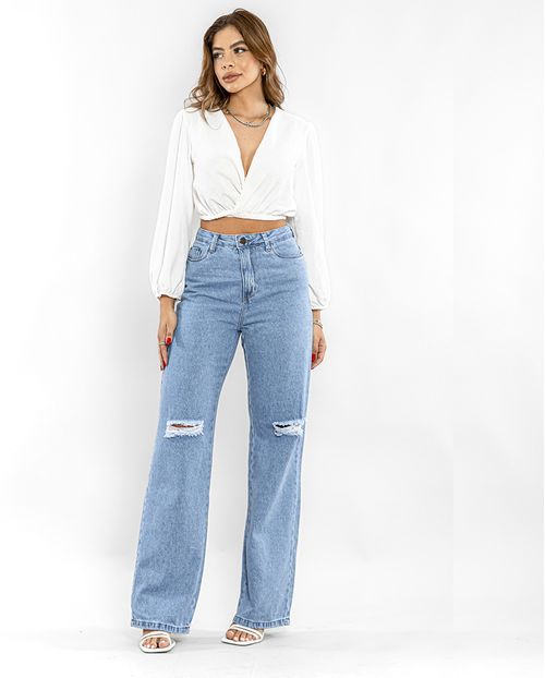 Calça Jeans Wide Leg Feminina Cintura Alta Elastano Rasgo No Joelho 28001 Clara