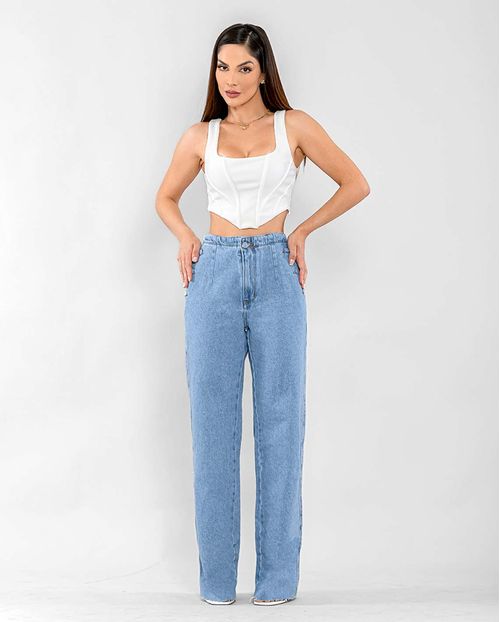 Calça Jeans Wide Leg Feminina Cintura Alta Detalhe Botões 22597 Clara