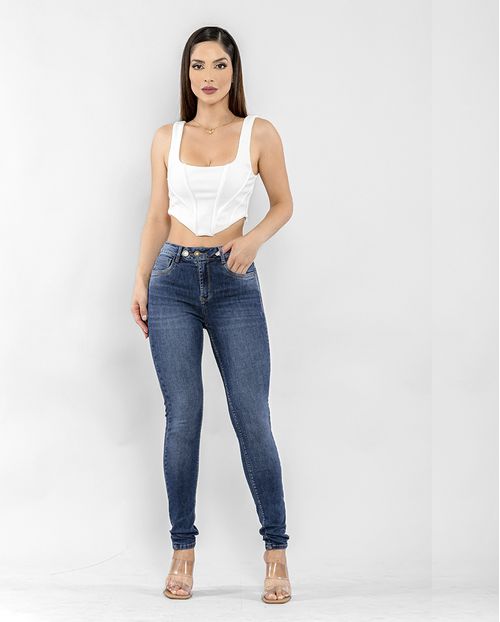 Calça Jeans Feminina Skinny Intermediaria Botão Duplo  22582 Escura