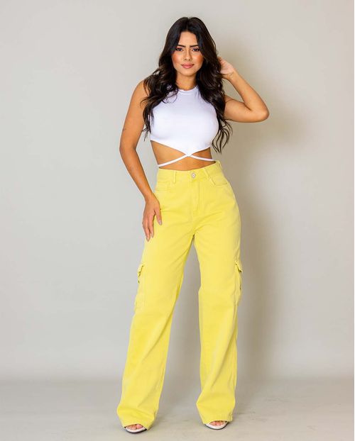 Calça Sarja Wide Leg Feminina Cintura Alta Bolsos Cargo 21389 Amarelo