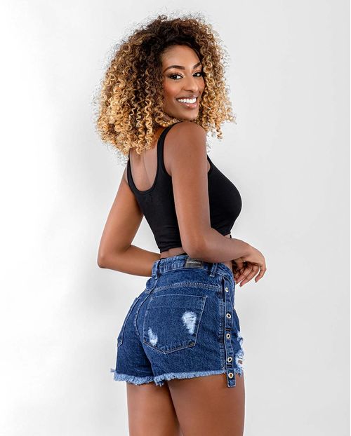 Shorts Jeans Feminino Boyfriend Lateral e Ilhós 21457 Escura