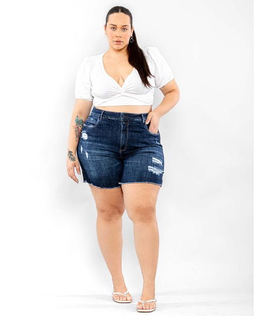 Bermuda Jeans Feminina Plus Size Meia Coxa 22521 Escura
