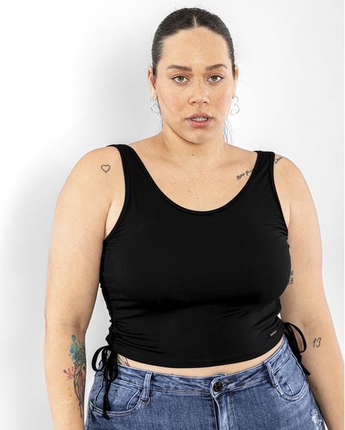 Blusa Fem  Plus Cropped Viscolycra Amarração Lateral-90087 Preto