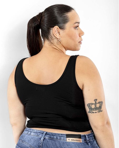 Blusa Fem  Plus Cropped Viscolycra Amarração Lateral-90087 Preto