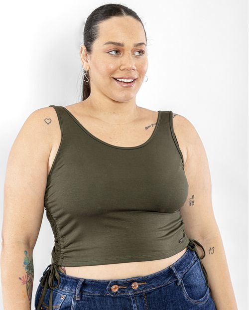 Blusa Fem  Plus Cropped Viscolycra Amarração Lateral-90087 Verde