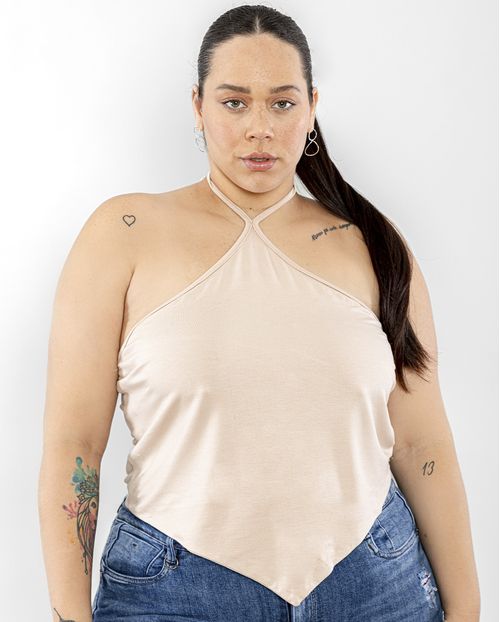 Blusa Fem Cropped Viscolycra Alça Corrente -90089 Bege