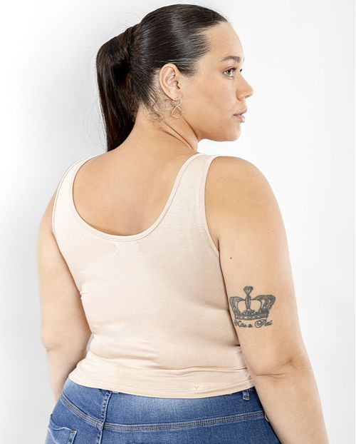 Blusa Fem  Plus Cropped Viscolycra Amarração Lateral-90087 Bege