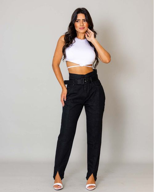 Calça Feminina Mom Preta Estilo Clochard com Cinto e Recorte Frontal   21615 Preto