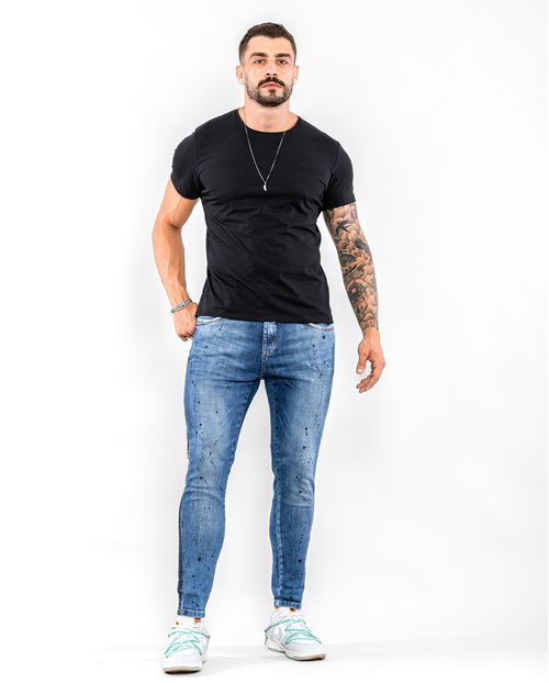 Calça Jeans Masculina Super Skinny Média com Respingos Preto   21299 Unica