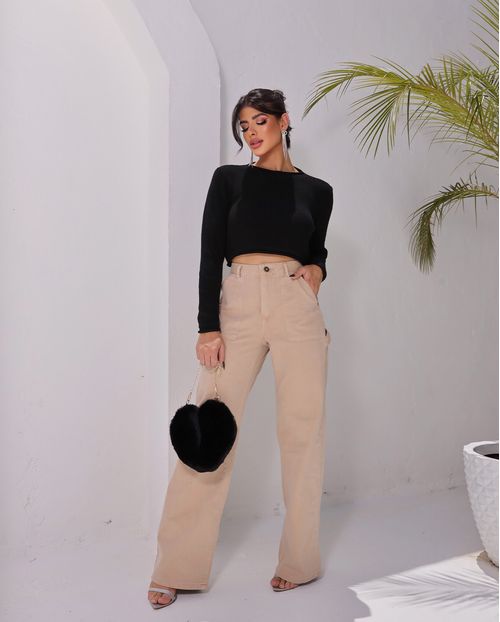 Calça Jeans Feminina Wide Leg Carpinteiro 22724 Caqui