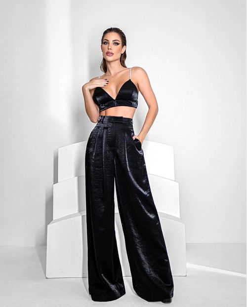 Calça Flare Feminina Acetinada Cintura Alta Detalhe Brilho 90444 Preto