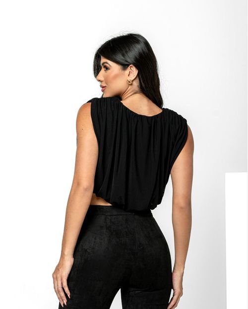 Blusa em Tule Cropped Feminina Ombreiras 90331 Preto