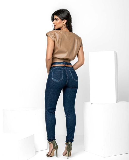 Calça Jeans Skinny Feminina Cintura Média Cinto 22714 Escura