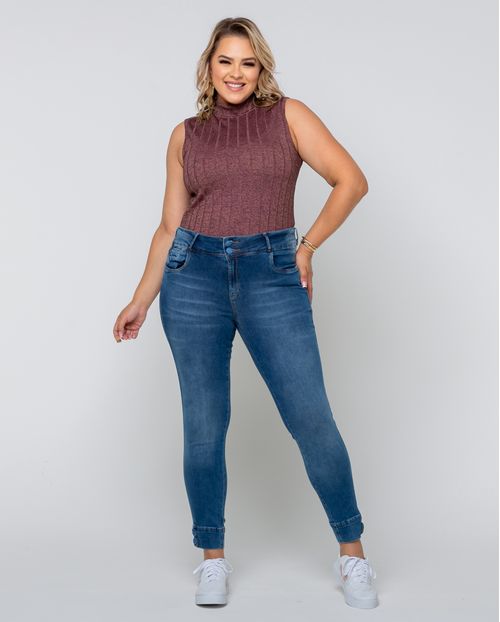 Calça Jeans Skinny Feminina Plus Size Cintura Alta Botões Barra 22280 Escura