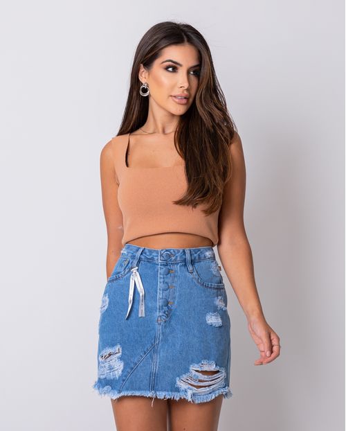 Mini-Saia Jeans Feminina Média com Botões Revestidos   21438 Média
