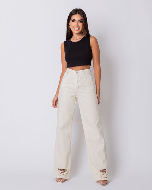 Calça Jeans Feminina Wide Leg Rasgada 29011 Creme