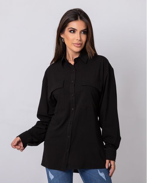 Camisa Feminina Ampla com Bolsos 90208 Preto