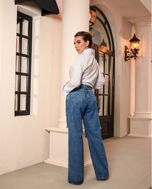 Calça Jeans Wide Leg Feminina Cintura Alta Destroyed 22656 Média