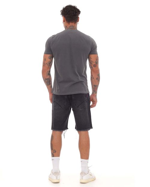 Bermuda Jeans Masculina com Rasgo e Barra Desfiada  21633 Preto