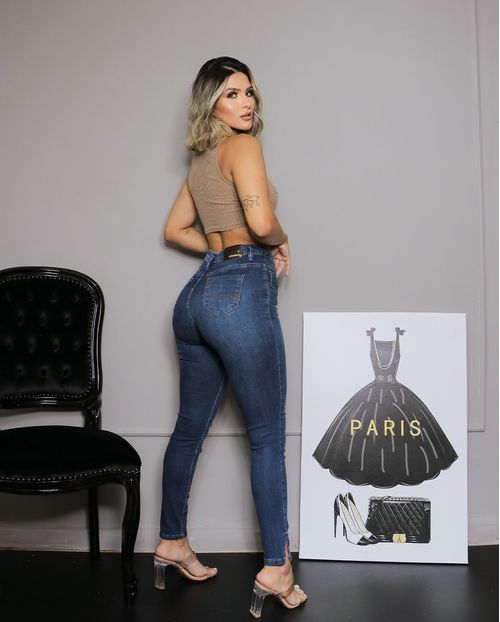 Calça Jeans Skinny Feminina Cintura Média Cós Duplo 22810 Escura